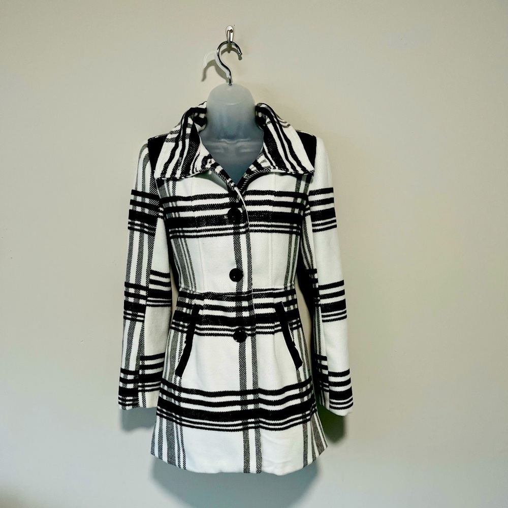 Black and white plaid peacoat